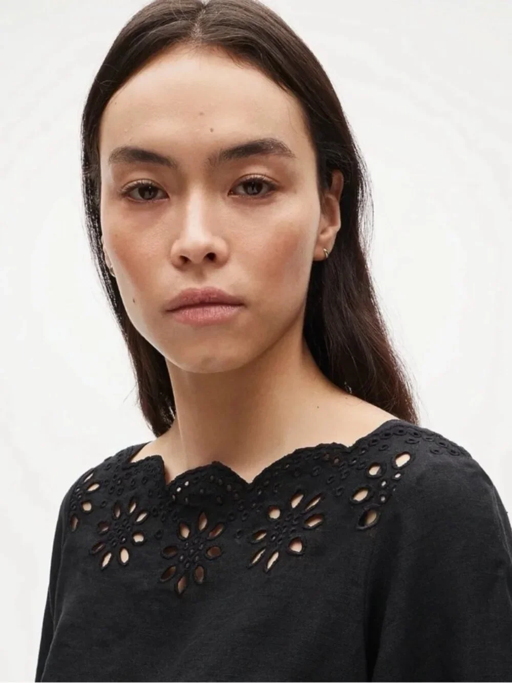 J. Crew Black Scallop-Trim Eyelet Long Sleeve Popover Linen Mini Dress XXS NWT